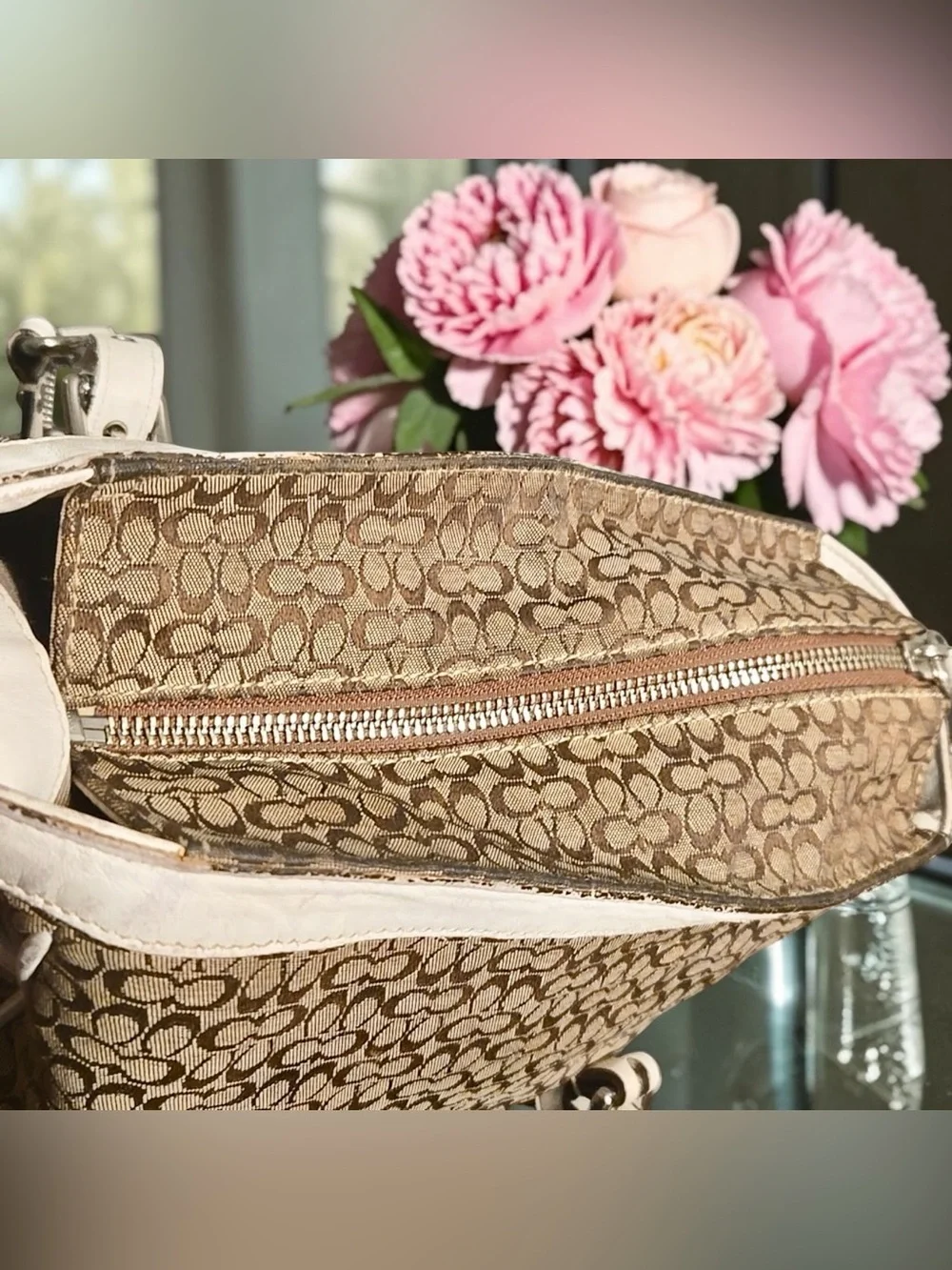 Coach 2007 Khaki and Chalk Signature Canvas Tote with Leather Trim - Picture 7 of 14